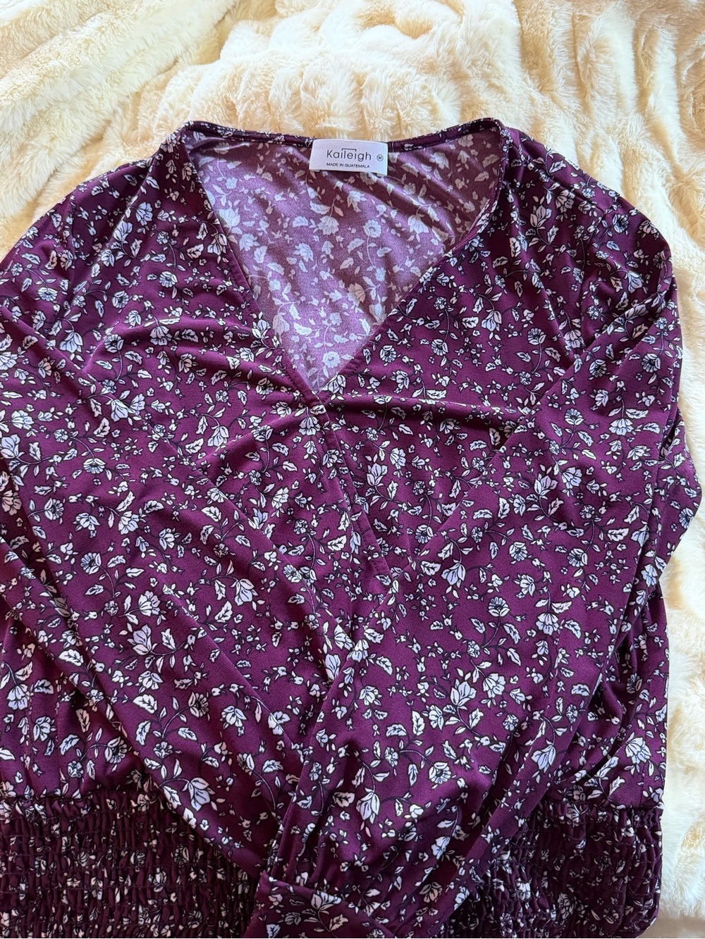Kaileigh Plum Floral V-Neck Blouse with White Print